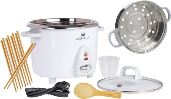 KeMar Rice Cooker (1.8 L, 700 W, White) with Warming Function, Including Steamer Insert, Bamboo Spoon and Measuring Cup (KRC-300 + Steamer Insert) -10 Measuring Cups 1-10...