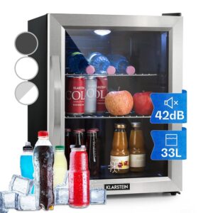 Klarstein Mini Fridge with Glass Door for Room, Drinks Fridge, Small, with Adjustable Shelves, 33 Litres, Indoor/Outdoor Fridge, Quiet