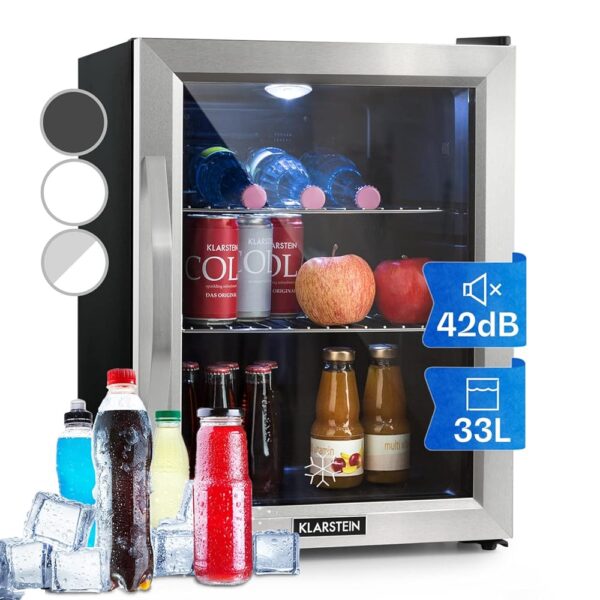 Klarstein Mini Fridge with Glass Door for Room, Drinks Fridge, Small, with Adjustable Shelves, 33 Litres, Indoor/Outdoor Fridge, Quiet