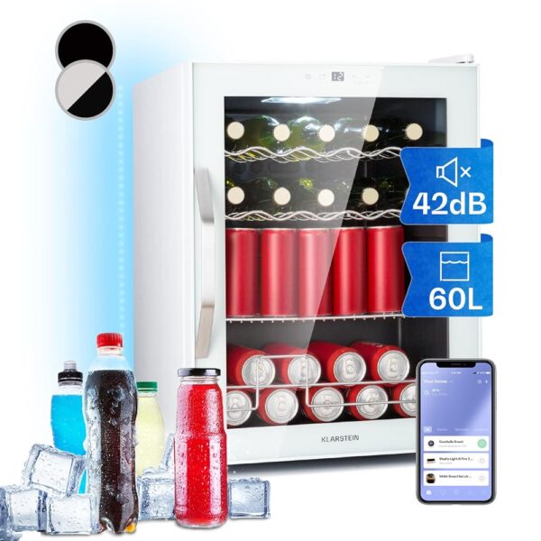 Klarstein Mini Fridge with Glass Door & LED, Mini Fridge for Room, Drinks Fridge Small with IoT/App Control, Small Fridge 60L, Indoor/Outdoor Fridge Quiet, 3-18°C