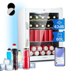 Klarstein Mini Fridge with Glass Door & LED, Mini Fridge for Room, Drinks Fridge Small with IoT/App Control, Small Fridge 60L, Indoor/Outdoor Fridge Quiet, 3-18°C