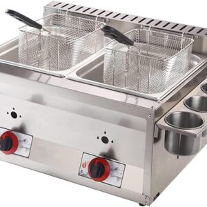 Kommerzielle Gasfritteuse, Fritteuse mit Korb und Deckel, Design eines energiesparenden Infrarotbrenners, leicht zu reinigen, für den gewerblichen und privaten,8L+8L+2xFried...