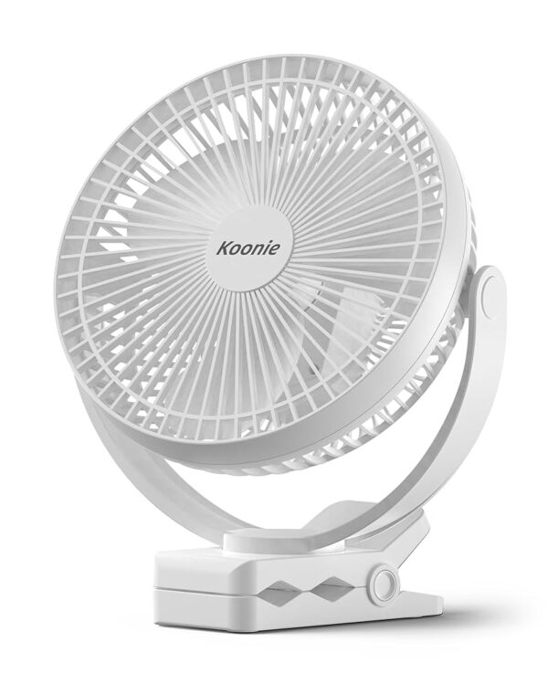 Koonie 20 cm Portable Clip-On Fan, USB Desk Fan with 10,000 mAh Battery, 4 Speeds, Rechargeable Table Fan for Home, Office, Stroller, Camping (White)