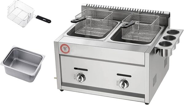 Large Capacity Gas Fryer, Stainless Steel LPG Fryer For Home And Commercial, Adjustable Firepower, With Baskets And Lids, For Chips Donuts Fish, Easy Clea