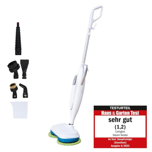 Livington Steam Twister White - Rotating Steam Cleaner with Accessories - Steam Mop & Hand Steam Cleaner - Removes up to 99.9% of Bacteria - Electric Floor Mop with Water Tank