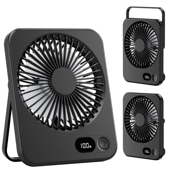 LuJasi Small Table Fan USB Quiet Fan Battery 3600 mAh 5 Speeds 180° Adjustable Portable LED Display Fan for Office, Library, Travel Black