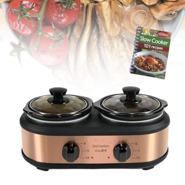 LYFDPN 2 Pot Slow Cooker 3 Stufen der Wärmeanpassung Einstellbare Temperatur Gleichmäßige Heizung mit Rezeptbuch für Buffet-Catering Küchenparty