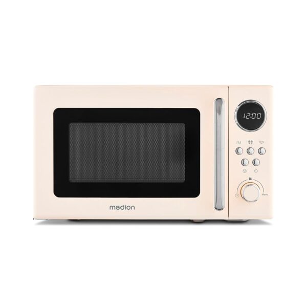 MEDION MD15000 Retro Microwave (20 Litres, Approx. 800 Watt, 5 Microwave Levels, 8 Automatic Programmes, Digital Display, Defrost Function, Compact, Beige