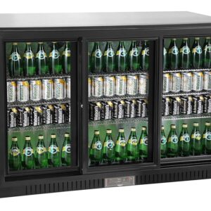 METRO Professional GBC3103 Glass Door Fridge, Galvanised Sheet/Aluminium/Glass, 3 Doors, 9 Adjustable Shelves, Automatic Defrosting, 308 L, with Lock, LED Lighting, Black
