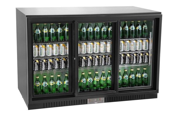 METRO Professional GBC3103 Glass Door Fridge, Galvanised Sheet/Aluminium/Glass, 3 Doors, 9 Adjustable Shelves, Automatic Defrosting, 308 L, with Lock, LED Lighting, Black