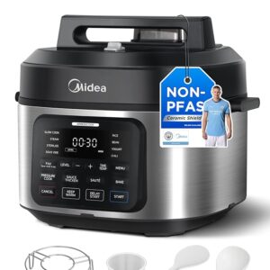 Midea 9-in-1 Multicooker, 6L with 12 Cooking Functions, Electric Pressure Cooker (Slow Cooking, Rice Cooker, Sous Vide, Cake Baker), 70% Fast, Brushed Stainless Steel & Black