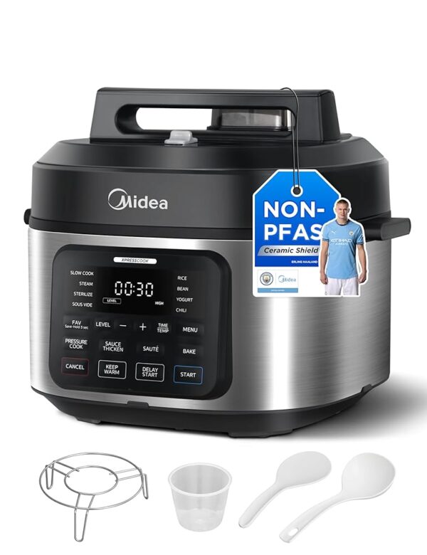 Midea 9-in-1 Multicooker, 6L with 12 Cooking Functions, Electric Pressure Cooker (Slow Cooking, Rice Cooker, Sous Vide, Cake Baker), 70% Fast, Brushed Stainless Steel & Black