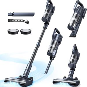MIUZZY 30000Pa Cordless Vacuum Cleaner with 50 Minutes Runtime, Freestanding, Anti-Tangle, Lightweight and Powerful Vacuum Cleaner for Hard Floors, Carpets and Pet Hair, Black