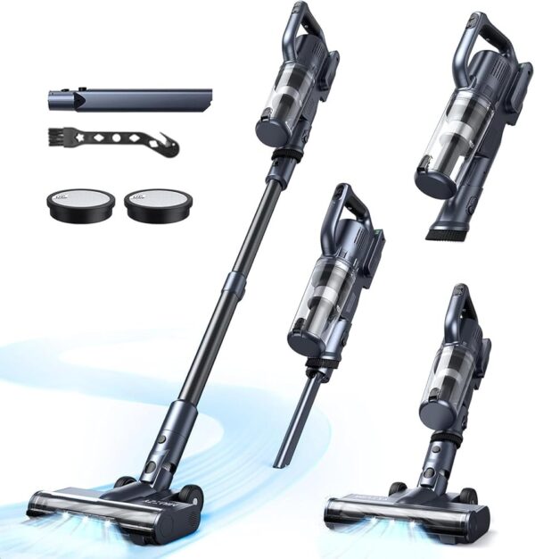 MIUZZY 30000Pa Cordless Vacuum Cleaner with 50 Minutes Runtime, Freestanding, Anti-Tangle, Lightweight and Powerful Vacuum Cleaner for Hard Floors, Carpets and Pet Hair, Black