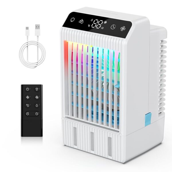 Mobile Air Conditioner, 5-in-1 Mobile Air Conditioner Mini Air Cooler with Water Cooling & Remote Control, 4 Speeds & 2 Cooling Mist, 2-12H Timer & 3 LED Air Conditioner...