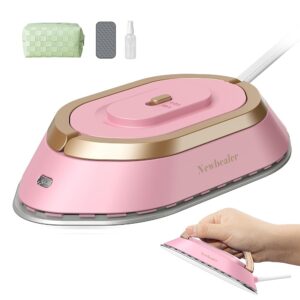 Newbealer Mini Travel Iron with Switchable Voltage 220V/120V, Compact Iron for Clothes (No Steam), Ceramic Surface, 150°C Hot Press with Spray Bottle, Bag and Silicone Stand, Pink