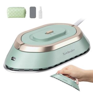 Newbealer Mini Travel Iron with Universal Voltage -100-240V, Compact Iron for Clothes (no Steam), Ceramic Surface, 150°C Hot Press with Spray Bottle, Bag and Silicone Stand, Green