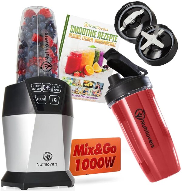 Nutri-Blender Smoothie Maker to Go 1000 Watt Mini Blender with Auto-IQ, BPA-Free, Includes Recipe Book, 2 x Cups and To Go Lid