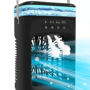 Omeyo 5-in-1 Mobile Air Conditioner, 1000 ml Mini Air Cooler with 3 Air Speeds & 2 Cooling Mist, 2-4H Timer & 7 LEDs, Quiet Small Air Conditioner for Room and Office (8 W), Black