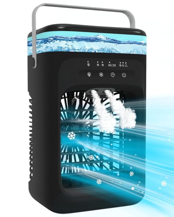 Omeyo 5-in-1 Mobile Air Conditioner, 1000 ml Mini Air Cooler with 3 Air Speeds & 2 Cooling Mist, 2-4H Timer & 7 LEDs, Quiet Small Air Conditioner for Room and Office (8 W), Black