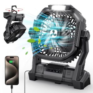 PDBEST Battery Operated Fan 20000 mAh Wireless Rechargeable Portable Fan with LED Lantern, Table Fan, USB-C Battery Camping Fan for Travel, Beach, Black