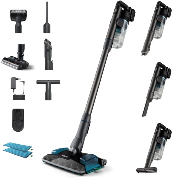Philips 8000 Series Cordless Pet Vacuum Cleaner, Excellent Suction Performance, Display, Nozzles with LED Light, Pet Hair Nozzle, Aqua Nozzle, Anti-Allergy Filtering (XC8055/01)