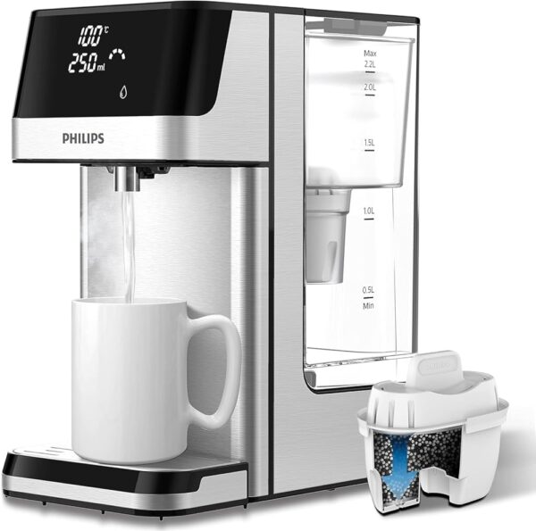 Philips Water Station Dispenser for Filtered Hot Water 6 Temperature Presets Touch Screen Reduces Chlorine Limescale Heavy Metals Microplastics and PFOA 2.2L Capacity