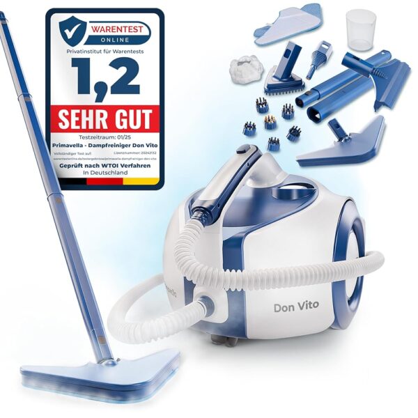 Primavella Steam Cleaner (Don Vito) - Powerful Steam Cleaner for Floor, Upholstery & Bathroom - Steam Cleaner with 3.5 Bar - 16 x Accessories for Grouts & Sofa - Versatile Steam...