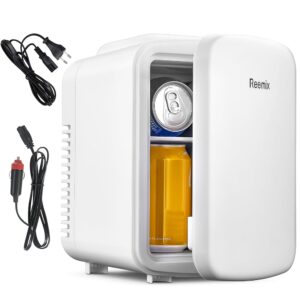 Reemix Mini Refrigerator, 4L/6 Cans Portable Cooler and Warmer Personal Fridge for Skincare, Cosmetics, Drinks, Food, Ideal for Bedroom, Office, Car (White)