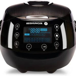REISHUNGER Digitaler Reiskocher & Dampfgarer Schwarz | 1,5 L bis 8 Personen | Warmhaltefunktion, Timer & Premium Innentopf | Multikocher, 12 Programme, 7-Phasen-Technologie