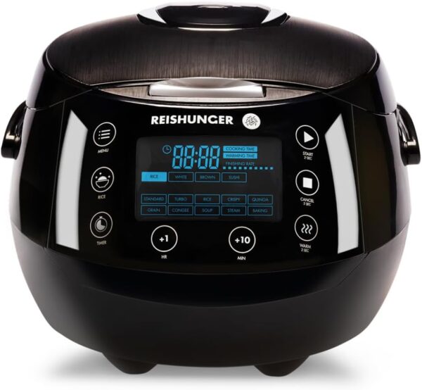 REISHUNGER Digitaler Reiskocher & Dampfgarer Schwarz | 1,5 L bis 8 Personen | Warmhaltefunktion, Timer & Premium Innentopf | Multikocher, 12 Programme, 7-Phasen-Technologie