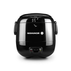 REISHUNGER Mini Rice Cooker, Black, 0.3 L, 1-2 Servings, High-Quality Ceramic Coating, Premium Pot, Handy Size for Small Households and on the Go