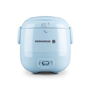 REISHUNGER Mini Rice Cooker, Light Blue, 0.3 L, 1-2 Servings, High-Quality Ceramic Coating, Premium Pot, Handy Size for Small Households and on the Go