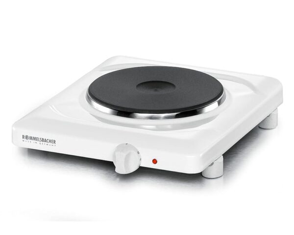 Rommelsbacher Single Cooking Plate Made in Germany, Cast Iron Heating Plate 180 mm Continuously Adjustable, Overheating Protection, 1500 Watt THL1597 White Fire Enamelled