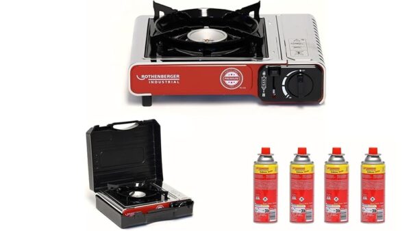 ROTHENBERGER Industrial Camping Stove Premium Including 4 Gas Cartridges | Includes Carry Case | 1-Bulb Gas Stove Camping Gas Stove Cartridge | for Pots 12-26 cm