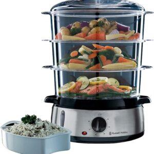 Russell Hobbs steam oven 9.0l (60 minute timer + automatic switch-off), 3 dishwasher-safe steam containers + rice bowl + 6 egg holders, BPA-free, steam cooker Cook @ Home 19270-56