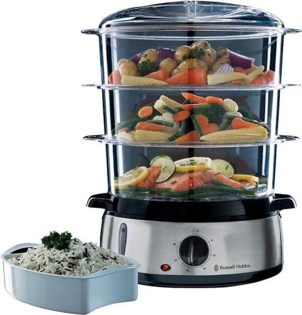 Russell Hobbs steam oven 9.0l (60 minute timer + automatic switch-off), 3 dishwasher-safe steam containers + rice bowl + 6 egg holders, BPA-free, steam cooker Cook @ Home 19270-56