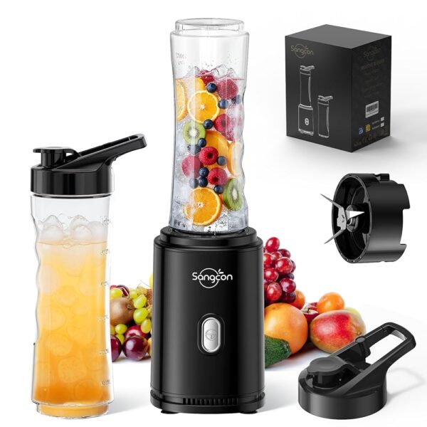 Sangcon Mixer Smoothie Maker, Electric Portable Sports Stand Mixer for Shakes and Smoothie, with 2 BPA-Free 600 ml Tritan To Go Bottle + 2 Drinking Caps, 4-Blade Knife, Pulse...