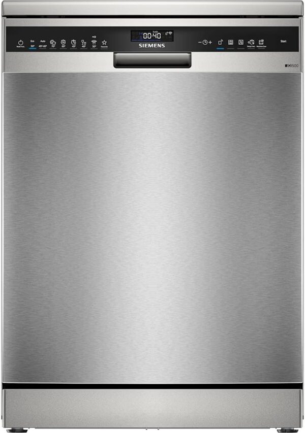 Siemens SN25EI07CE, iQ500 Smart Dishwasher, Freestanding, 60 cm Wide, Silver Inox, Cutlery Drawer, Interior Lighting, Car Door Opening at the End of Programme, Especially Quiet,...