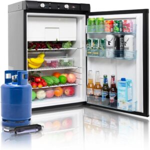 SMETA Gas Fridge Freezer, Camping Fridge Gas, Motorhome Fridge, Quiet Fridge, Fridge 12 V/230 V/GAS Propane, 100 L for Caravan, Camping, Motorhome Garage, Quiet 0 dB, Black