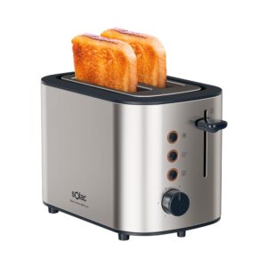 Solac Buon Giorno Mini-Toaster, Edelstahl, 870 W, 13 x 11,5 x 3,4 cm, geröstete Oberfläche, 6 Stufen, 3 Funktionen, 2 Scheiben, selbstzentriert, LED-Licht, Krümelauffang, Grau