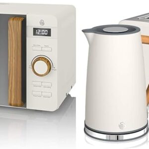 Swan Nordic 20L Digital Microwave Oven & Nordic Set Breakfast Kettle, Wireless, 1.7L, 2200W, Wide Slot, 2 Slices, 3 Functions, Modern Design, Wood Effect, White