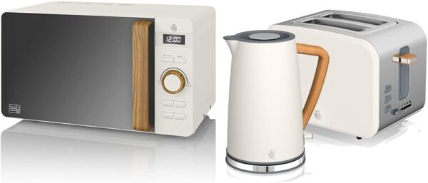 Swan Nordic 20L Digital Microwave Oven & Nordic Set Breakfast Kettle, Wireless, 1.7L, 2200W, Wide Slot, 2 Slices, 3 Functions, Modern Design, Wood Effect, White