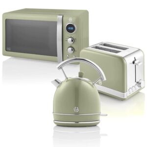 Swan Retro Breakfast Set 1.8 L Kettle, 2 Slices Wide Slot Bread Toaster, 20L Digital Microwave, 6 Power Levels, Timer, Mirror Door, Vintage Design, Green, One Size
