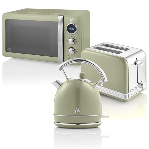 Swan Retro Breakfast Set 1.8 L Kettle, 2 Slices Wide Slot Bread Toaster, 20L Digital Microwave, 6 Power Levels, Timer, Mirror Door, Vintage Design, Green, One Size