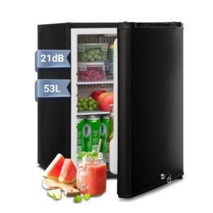 Techomey Camping Fridge, 53 L, Camping Fridge 12 V 230 V with Lock and Reversible Door, Quiet Absorber Fridge for Home and Outdoor, 12 V Fridge for Motorhome, Office, Hotel, Black