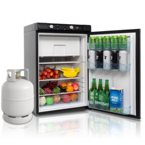 Techomey Gas Fridge with Freezer, 100 L, Fridge 12 V 230 V Gas, Camping Fridge Gas for Motorhome, Caravan, Home, Holiday Home, Mobile Home, Black