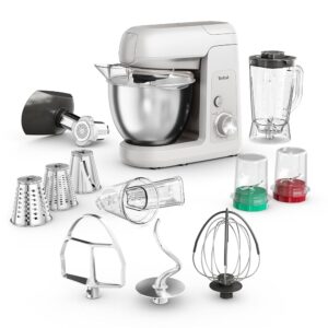 Tefal Bake Partner QB525B38 1100W Food Processor with Stand Mixer Attachment + Baking Kit, Automatic Shut-Off when Arm Raised, Planetary Mixing System, 4.6L Bowl, Silver