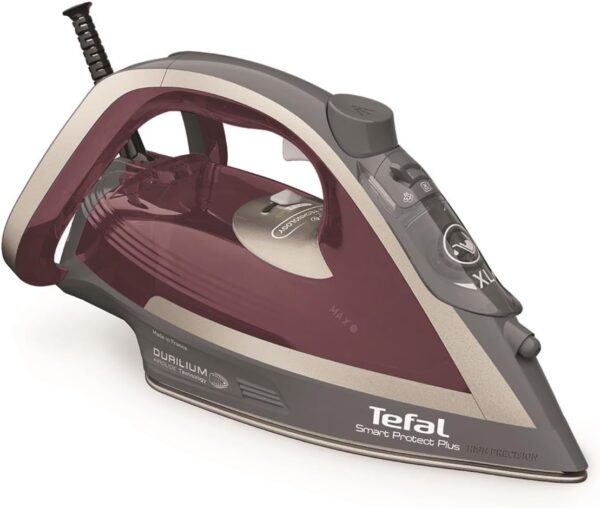 Tefal Smart Protect Plus Steam Iron, 2800 W, Continuous Steam Output of up to 40 g/min, Automatic Shut-Off, Vertical Steam, Durilium Airglide Soleplate, Wine Red/Grey, FV6870