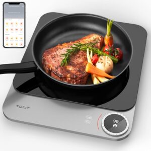 TOKIT TCL02M-3A Induction Hob 2100 W Single Induction Hob Portable 99 Power Level with OLED Display, Timer, 20 mm Ultra Thin App Control Temperature Sensor, Grey